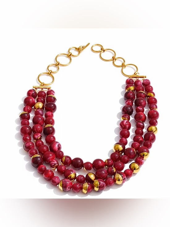 Anthropologie Jewelry - Red Imitation Pearl Multi-Layer Statement Necklace | 18K PVD Gold Plated